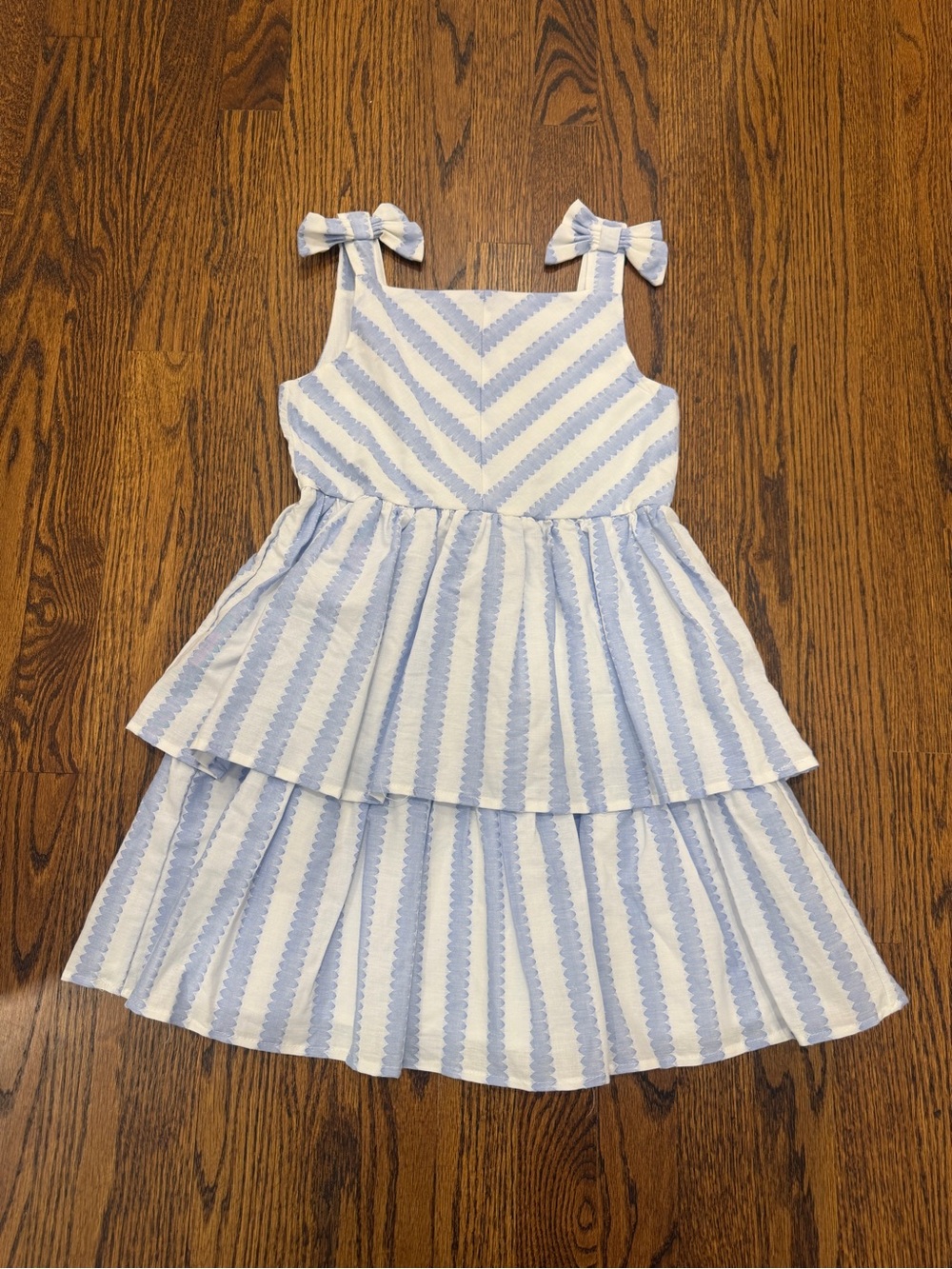 Draper James Light Blue & White Striped Tie-Shoulder Tiered Dress